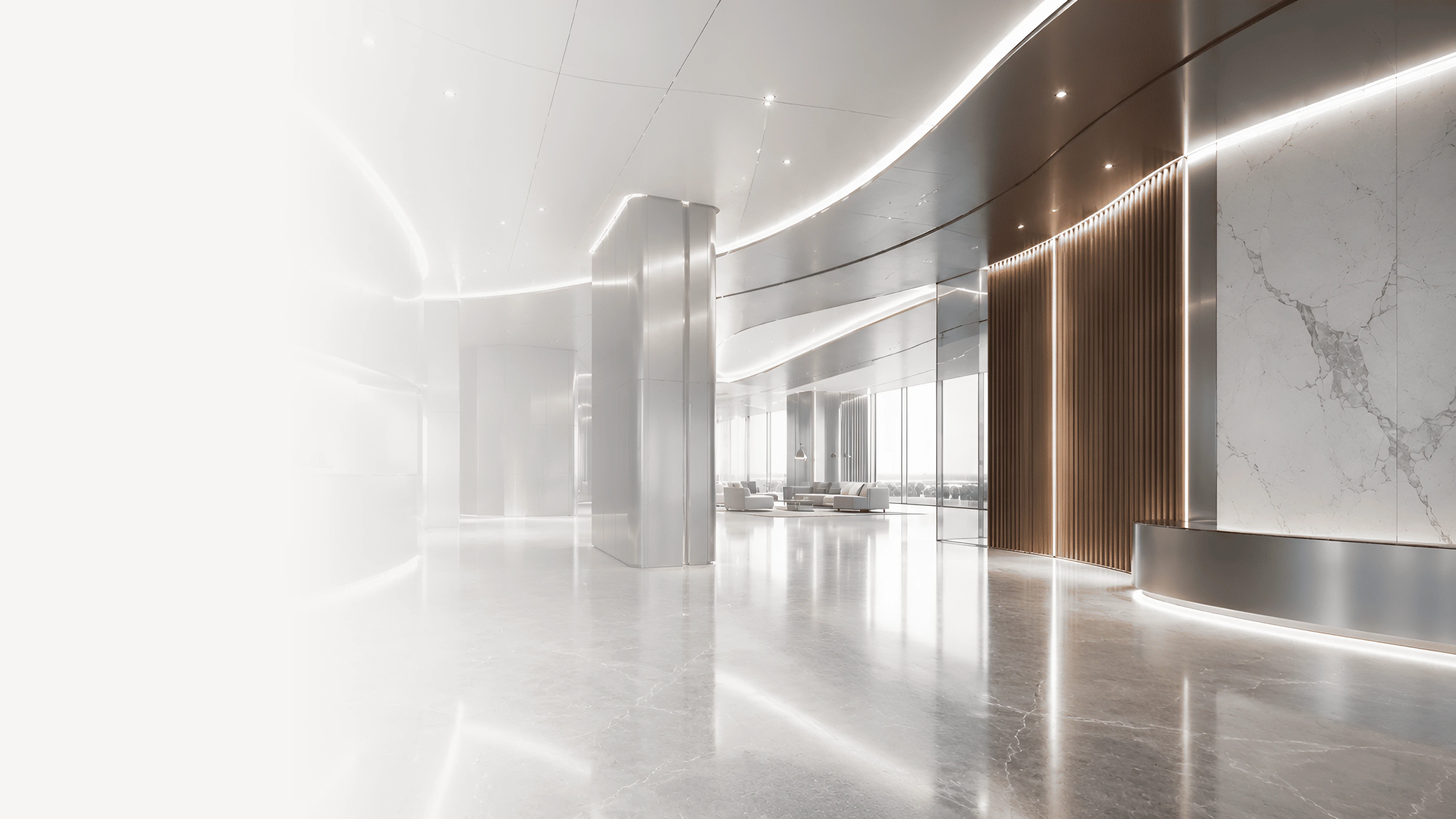 Modern interior space combining aluminium finishes with warm natural materials
